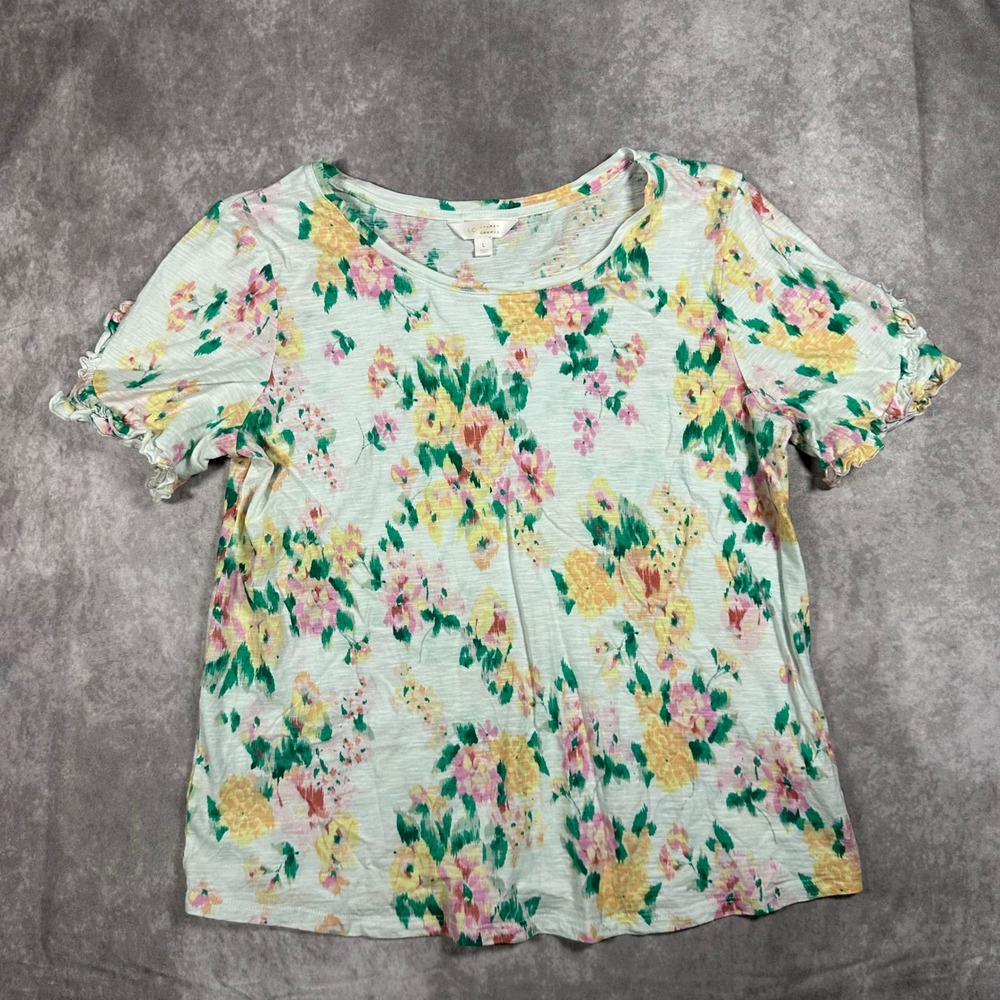 LC Lauren Conrad Floral Slub Knit Ruffle Sleeve Tee L Green Pink Womens Boho